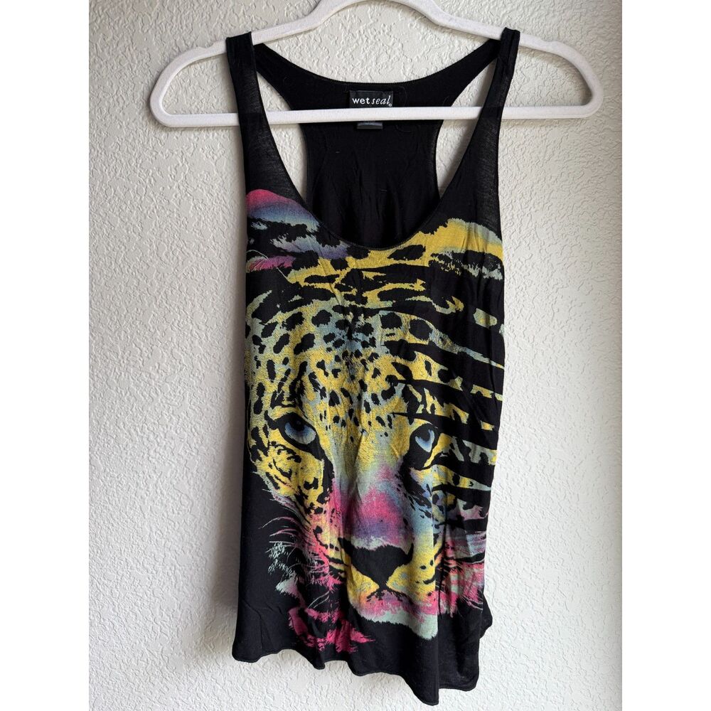 Wet Seal Tiger Graphic Racerback Tank Top Small Black Neon Animal 2010s